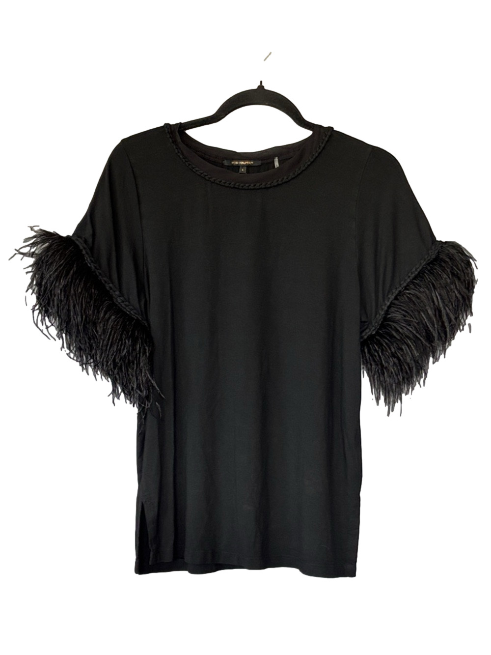 Kobi Halperin Black Feather Trim Miley Top Braided Neckline Blouse Chic Glam